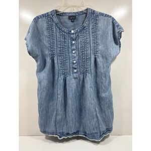 J. Jill Denim Chambray Pintuck Pleats Raw Hem Flowy‎ Top Blouse Size XS